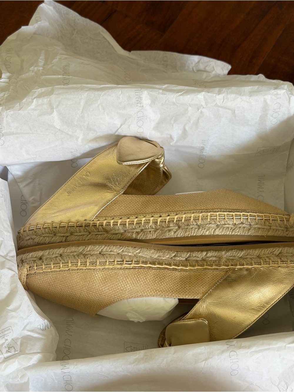 NEW WITH BOX Jimmy Choo Metallic Gold Bow Espadrille Slip-Ons Size 39/US 9 - Picture 13 of 16